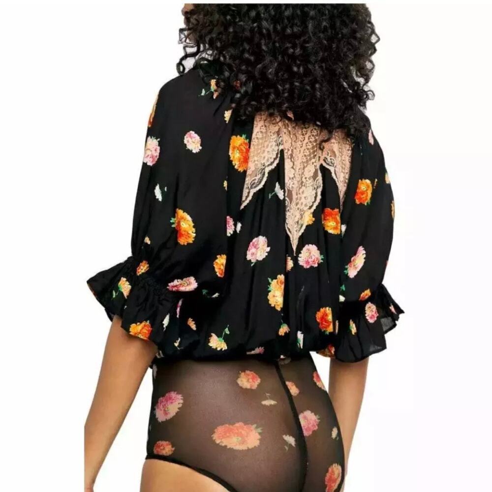 Intimately Free People Poppy Printed Bodysuit Floral Lace Trim Black Size Large - Picture 2 of 9